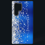 Funda Para Samsung Galaxy S22 Ultra Purpurina de plata Royal Blue Girly Signature<br><div class="desc">Girly faux brillante purpurina plateado destaca en el borde izquierdo, sobre un falso tono de joya brillante tono real azul oscuro Relieve metalizado metalizado cepillado. La firma moderna de las gafas presenta un elegante tipo de letra de caligrafía blanca con colas decorativas en formato vertical. Personalizar los estilos de fuente...</div>