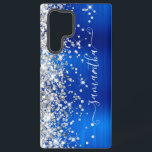 Funda Para Samsung Galaxy S22 Ultra Purpurina de plata Royal Blue Girly Signature<br><div class="desc">Girly faux brillante purpurina plateado destaca en el borde izquierdo, sobre un falso tono de joya brillante tono real azul oscuro Relieve metalizado metalizado cepillado. La firma moderna de las gafas presenta un elegante tipo de letra de caligrafía blanca con colas decorativas en formato vertical. Personalizar los estilos de fuente...</div>