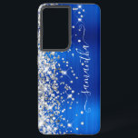 Funda Para Samsung Galaxy S21 Ultra Purpurina Plata Relieve metalizado Azul Real Firma<br><div class="desc">Girly faux brillante purpurina de plata destaca en el borde izquierdo junto con un diseño de arte digital de Relieve metalizado metalizado cepillado azul real. La firma femenina contemporánea presenta un elegante tipo de letra caligráfica blanca con colas decorativas en formato vertical. Personalizar los estilos de fuente o mueve los...</div>