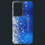 Funda Para Samsung Galaxy S21 Ultra Purpurina Plata Relieve metalizado Azul Real Firma<br><div class="desc">Girly faux brillante purpurina de plata destaca en el borde izquierdo junto con un diseño de arte digital de Relieve metalizado metalizado cepillado azul real. La firma femenina contemporánea presenta un elegante tipo de letra caligráfica blanca con colas decorativas en formato vertical. Personalizar los estilos de fuente o mueve los...</div>