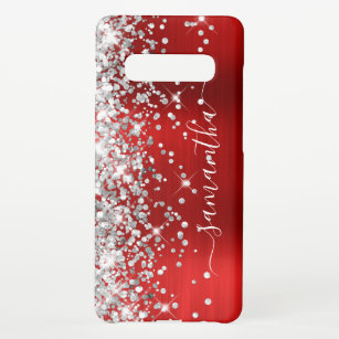 Funda Para Samsung Galaxy S10+ Purpurina Plata Relieve metalizado Rojo Girly Sign