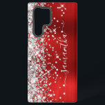 Funda Para Samsung Galaxy S22 Ultra Purpurina Plata Relieve metalizado Rojo Girly Sign<br><div class="desc">Girly faux brillante purpurina plateado destaca en el borde izquierdo, sobre un falso tono de joya rojo oscuro Relieve metalizado metalizado cepillado. La firma moderna de las gafas presenta un elegante tipo de letra de caligrafía blanca con colas decorativas en formato vertical. Personalizar los estilos de fuente o mueve los...</div>
