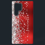 Funda Para Samsung Galaxy S22 Ultra Purpurina Plata Relieve metalizado Rojo Girly Sign<br><div class="desc">Girly faux brillante purpurina plateado destaca en el borde izquierdo, sobre un falso tono de joya rojo oscuro Relieve metalizado metalizado cepillado. La firma moderna de las gafas presenta un elegante tipo de letra de caligrafía blanca con colas decorativas en formato vertical. Personalizar los estilos de fuente o mueve los...</div>
