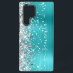 Funda Para Samsung Galaxy S22 Ultra Purpurina plateado Turquoise Blue Girly Signature<br><div class="desc">El purpurina Girly faux brillante y plateado destaca en el borde izquierdo, sobre un falso tono de joya brillante aqua y un Relieve metalizado metalizado turquesa y turquesa azul oscuro. La firma moderna de las gafas presenta un elegante tipo de letra de caligrafía blanca con colas decorativas en formato vertical....</div>