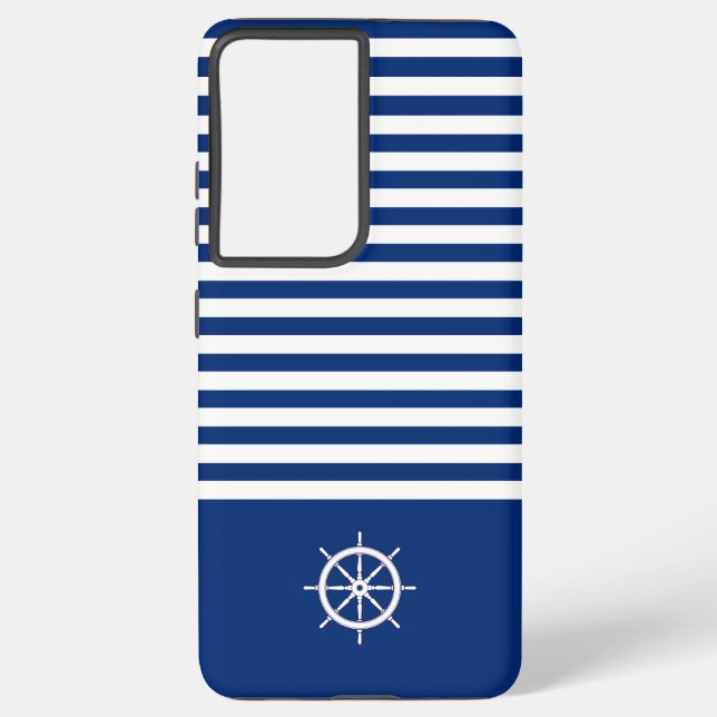 Funda Para Samsung Galaxy Rayas náuticas+Barcos Rueda Azul+Blanco (Reverso )