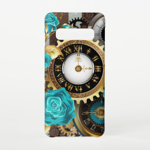 Funda Para Samsung Galaxy S10 Reloj de vapor y Rosas turquesa a rayas