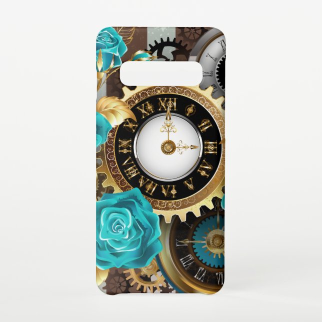 Funda Para Samsung Galaxy Reloj de vapor y Rosas turquesa a rayas (Reverso)