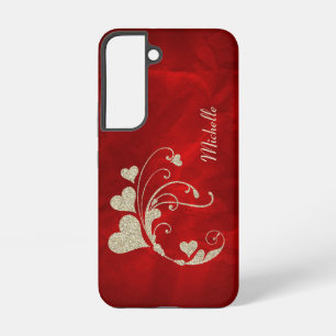 Funda Para Samsung Galaxy S22 Remolino de brillo de corazón dorado sobre rojo
