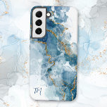 Funda Para Samsung Galaxy S22  Resumen Purpurina azul/oro Monograma de tinta de a<br><div class="desc">Personalizar este diseño único y elegante con tonos claros y oscuros salpicados de tinta con finas venas purpurinas doradas. Incluye dos campos de texto monograma iniciales.</div>