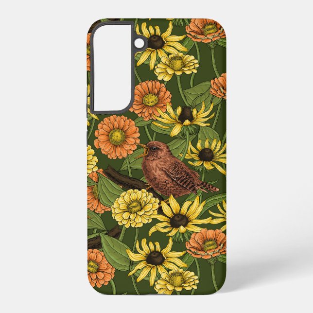 Funda Para Samsung Galaxy Reyezuelos y flores sobre verde (Reverso )