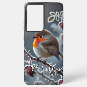 Funda Para Samsung Galaxy S21+ Robin de invierno encaramado en rama de Rosa escar