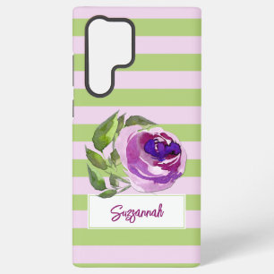 Funda Para Samsung Galaxy S22 Ultra Rosa acuarela floral rayada añade tu nombre 