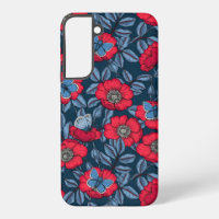 Rosa de perro y mariposas en azul y rojo