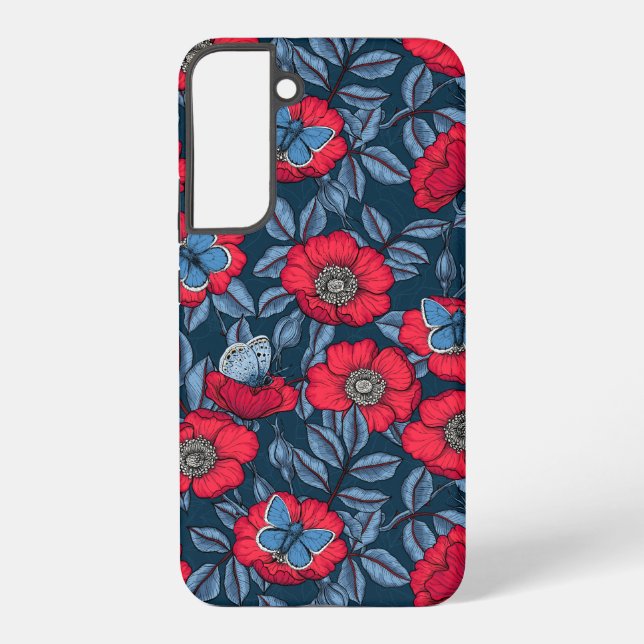 Funda Para Samsung Galaxy Rosa de perro y mariposas en azul y rojo (Reverso )