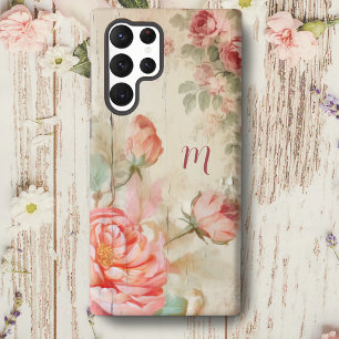 Funda Para Samsung Galaxy S22 Ultra Rosas Antiguas Acuarela Boho Rústico con Monograma