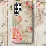 Funda Para Samsung Galaxy S22 Ultra Rosas antiguos de la acuarela del Boho rústico con<br><div class="desc">Fantásticas rociadoras de rosa rosa rosado y brotes y delicado follaje verde sobre un afligido fondo rústico de madera templada con campo de texto para su nombre o monograma.</div>