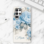 Funda Para Samsung Galaxy S22 Ultra Rosas artísticos personalizados de color azul past<br><div class="desc">Personalizar este bonito diseño con su nombre o monograma. Cuenta con rosas azul polvoriento pálido,  flores silvestres y flores de hidraangea con un follaje de sabio pastel claro sobre fondo de concha de huevo.</div>