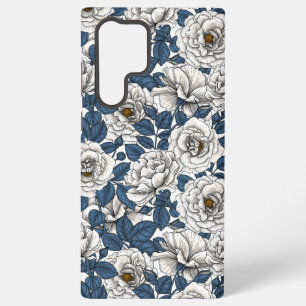 Funda Para Samsung Galaxy S22 Ultra Rosas blancas con hojas azules en blanco