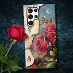 Funda Para Samsung Galaxy S22 Ultra Rosas de Shabby en papel desgarrado con problemas<br><div class="desc">Únicos y geniales rosas y follaje de color rojo grisáceo sobre un fondo de pergamino desgarrado y fondo azul de papel antiguo con texto editable para monograma.</div>
