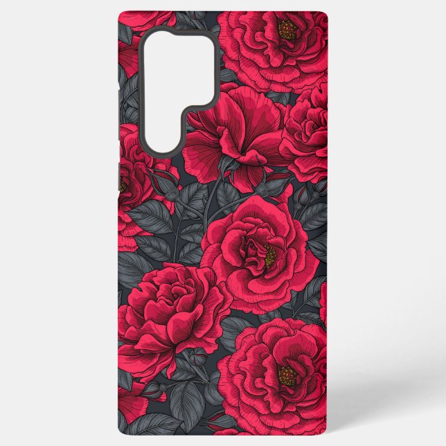 Funda Para Samsung Galaxy Rosas rojas con hojas grises en negro (Reverso )