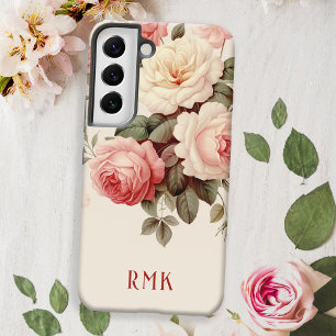 Funda Para Samsung Galaxy S22 Rosas rosadas y blush elegantes con monograma