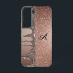 Funda Para Samsung Galaxy S22 Rose Gold Glitter Drip Custom Name Monogram<br><div class="desc">Custom Name Monogram with Rose gold metallic liquid dripping against a sparkling bokeh background,  creating a luxurious glitter texture ideal for beauty,  fashion,  cosmetic and holiday design projects with warm,  glamorous tones.</div>