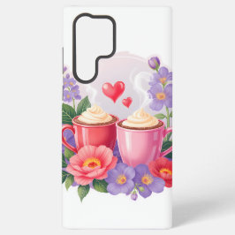 Funda Para Samsung Galaxy S22 Ultra Tazas de Cocoa de San Valentín con Flores y Corazo