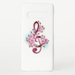 Funda Para Samsung Galaxy S10  Tejidos musicales notas de colores con flores de S<br><div class="desc">El aroma rosa del trébol con delicadas y detalladas flores japonesas de cerezo rosadas en un fondo blanco pintado con pintura azul claro. Sakura rosa floreciente.</div>