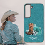 Funda Para Samsung Galaxy S22 Textura de cuero cowgirl turquesa marrón<br><div class="desc">Estuche de teléfono de cuero para cowgirl con botas de vaquero marrón,  gorra de vaquero turquesa y flores. Estuche de teléfono personalizado. Puedes transferir este diseño a cualquier otro producto de Zazzle,  mira: "Transferir diseño a un producto"!</div>