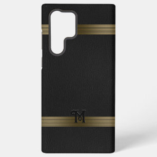 Funda Para Samsung Galaxy S22 Ultra Textura de cuero vintage negro con rayas doradas