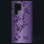 Funda Para Samsung Galaxy S22 Ultra Textura metálica púrpura y encaje floral<br><div class="desc">Diseño de encaje floral púrpura sobre una imagen de fondo de pintura metálica púrpura.</div>