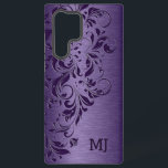 Funda Para Samsung Galaxy S22 Ultra Textura metálica púrpura y encaje floral<br><div class="desc">Diseño de encaje floral púrpura sobre una imagen de fondo de pintura metálica púrpura.</div>