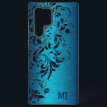Funda Para Samsung Galaxy S22 Ultra Textura metálica turquesa y encaje floral<br><div class="desc">Diseño de encaje floral azul turquesa sobre la imagen de fondo de pintura metálica púrpura.</div>