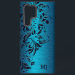 Funda Para Samsung Galaxy S22 Ultra Textura metálica turquesa y encaje floral<br><div class="desc">Diseño de encaje floral azul turquesa sobre la imagen de fondo de pintura metálica púrpura.</div>