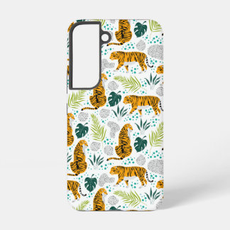 Funda Para Samsung Galaxy S22 Tigres y patrón de hojas tropicales
