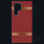 Funda Para Samsung Galaxy S22 Ultra Tiras de oro de textura de cuero de color rojo vin<br><div class="desc">Imagen de un fondo de textura de cuero rojo vintage acentuado con rayas de oro. Monograma opcional.</div>