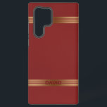 Funda Para Samsung Galaxy S22 Ultra Tiras de oro de textura de cuero de color rojo vin<br><div class="desc">Imagen de un fondo de textura de cuero rojo vintage acentuado con rayas de oro. Monograma opcional.</div>