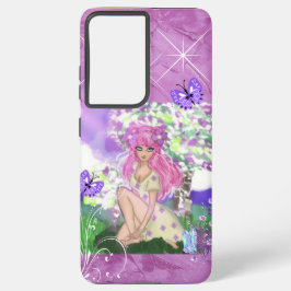 Funda Para Samsung Galaxy S21 Ultra Trendy Girly Chica de pelo rosado Fairy Sitting S2