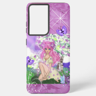 Funda Para Samsung Galaxy S21 Ultra Trendy Girly Chica de pelo rosado Fairy Sitting S2