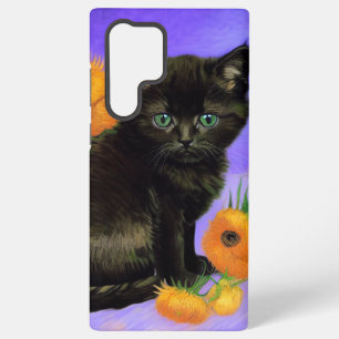 Funda Para Samsung Galaxy S22 Ultra Van Gogh Black Kitten con girasoles