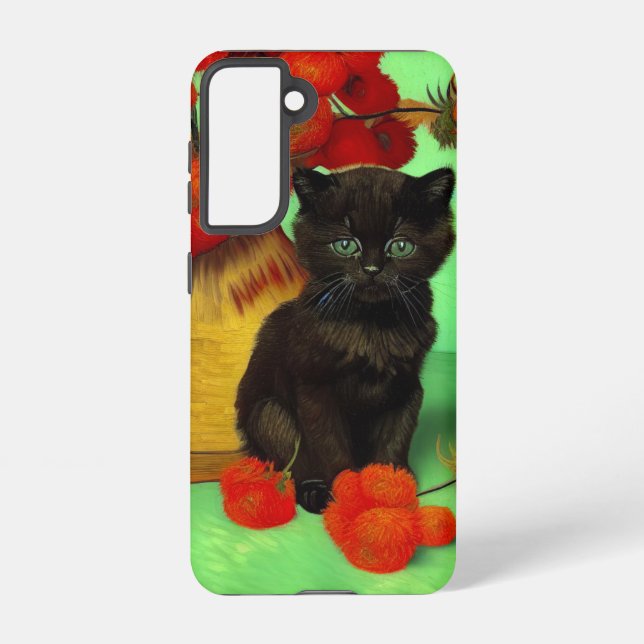 Funda Para Samsung Galaxy Van Gogh Black Kitten Red Flowers (Reverso )
