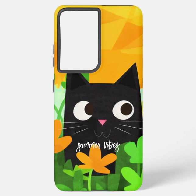 Funda Para Samsung Galaxy Verano Vibes Personalizadas Floral Gato Negro (Reverso )