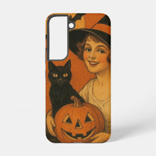 Funda Para Samsung Galaxy S22 Vintage/retro Feliz bruja de Halloween, gato, cala