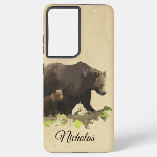 Funda Para Samsung Galaxy S21 Ultra Watercolor Brown Black Mom Dad Bear & Cub Animal