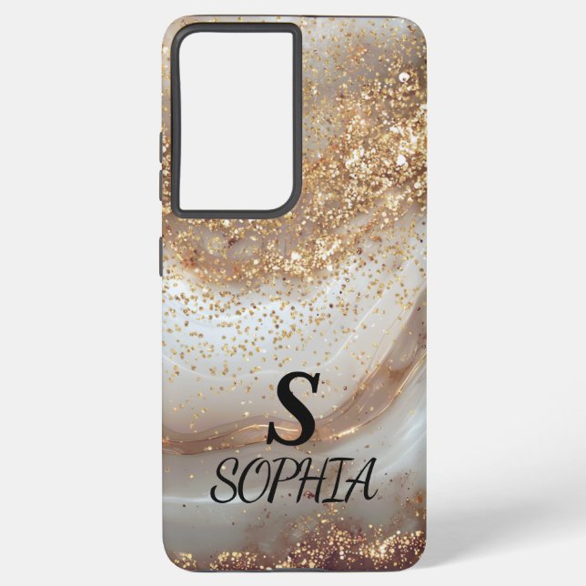 Funda Para Samsung Galaxy white marble chic gold glitter monogram (Reverso )