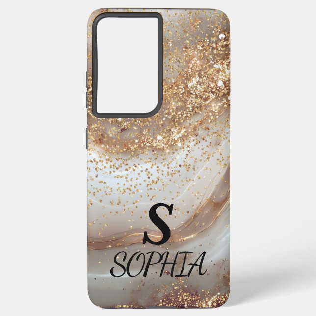 Funda Para Samsung Galaxy white marble chic gold glitter monogram (Reverso )