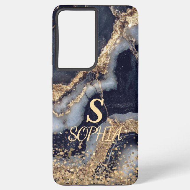 Funda Para Samsung Galaxy white marble chic gold glitter monogram (Reverso )