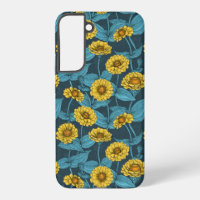 Zinnias amarillas en azul oscuro