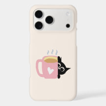 Funda para teléfono de gato negro sosteniendo taza