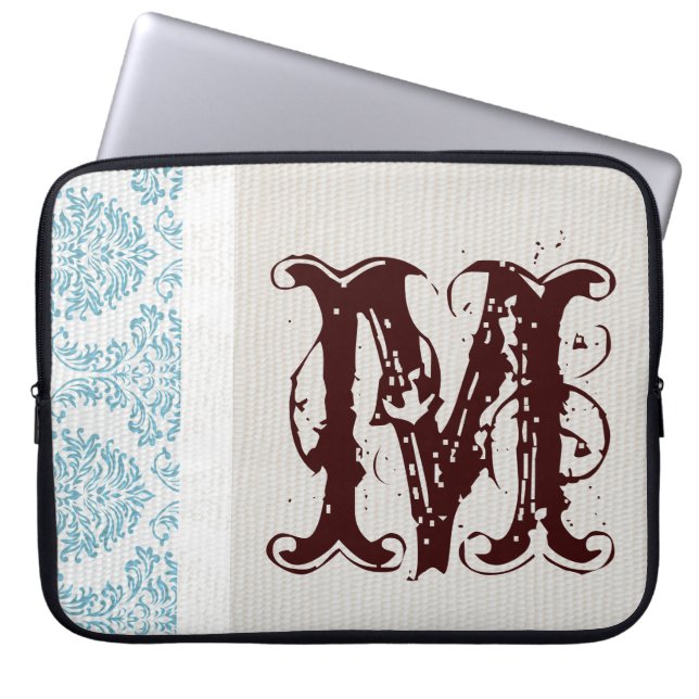 Funda portátil Blue Filigree Damask Monogram de 15 (Frente)